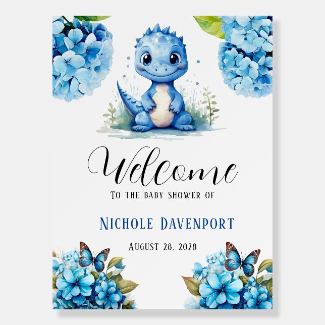 Cute Blue Dinosaur with Florals Boy Welcome Sign (Front)