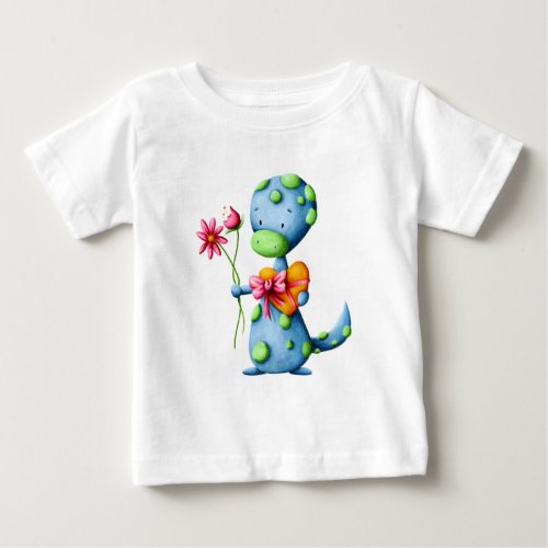 Cute Blue Dinosaur with Flowers and Chocolates Baby T_Shirt