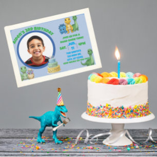 Cute Blue Dinosaur with Picture Birthday Invitation