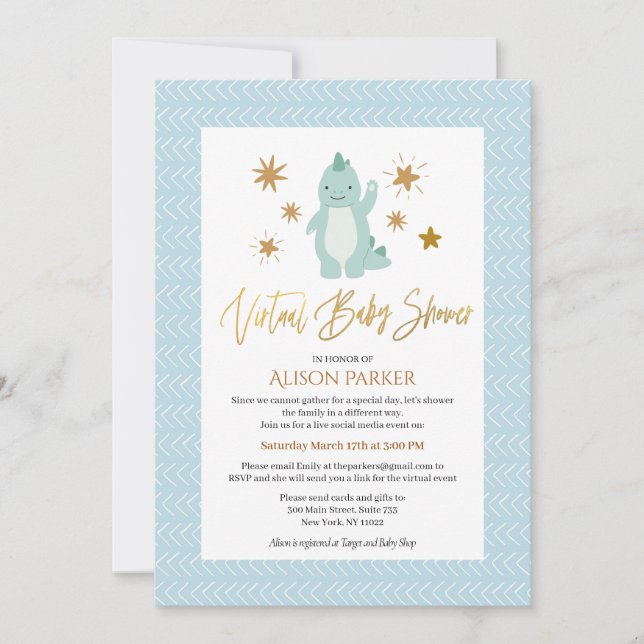 Cute Blue Dinosaur with Stars Virtual Baby Shower Invitation (Front)