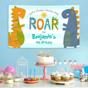 Cute Blue Dinosaurs Stomp Chomp Roar Boy Birthday  Banner