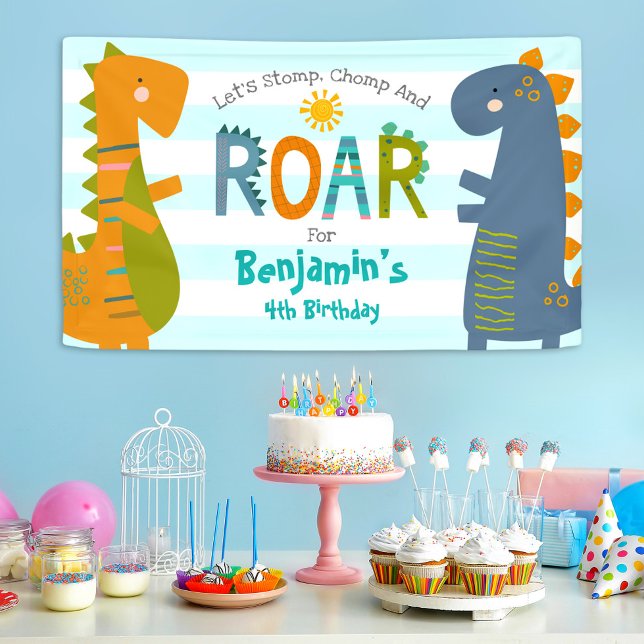 Cute Blue Dinosaurs Stomp Chomp Roar Boy Birthday  Banner (Creator Uploaded)