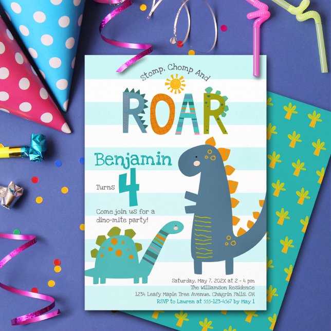 Cute Blue Dinosaurs Stomp Chomp Roar Boy Birthday Invitation (Creator Uploaded)