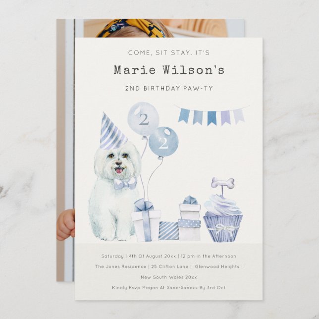 Cute Blue Dog Any Age Birthday Photo Party Invite  (Front/Back)