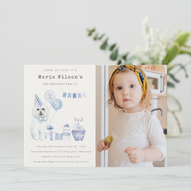 Cute Blue Dog Any Age Birthday Photo Party Invite  (Standing Front)