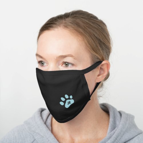 Cute Blue Dog Paw Personalized Initials Black Cotton Face Mask