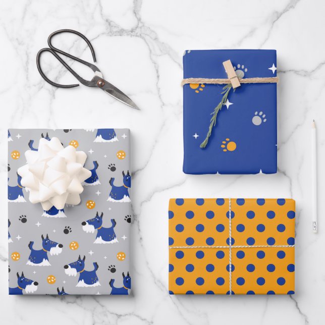 Cute Blue Dog Paws Wrapping Paper Set of 3 (Front)