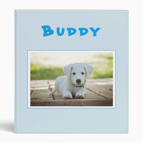 Cute Blue Dog Photo Album 3 Ring Binder - Cute blue dog photo album. This dog photo album is perfect for collecting your best photos of your dog. The album has a photo and a name - personalize these templates. The background is blue. You can also use this product for any other pet or use it for any other occasion.