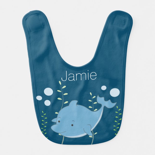 Cute Blue Dolphin Boy Personalized Name Dribble Baby Bib (Front)