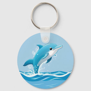Cute Blue Dolphin Playing Happily in Water Keychain