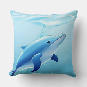 Cute Blue Dolphin Playing Happily in Water Throw Pillow