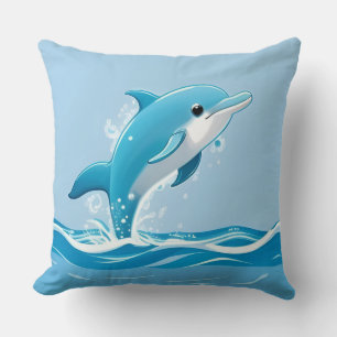 Cute Blue Dolphin Playing Happily in Water Throw Pillow