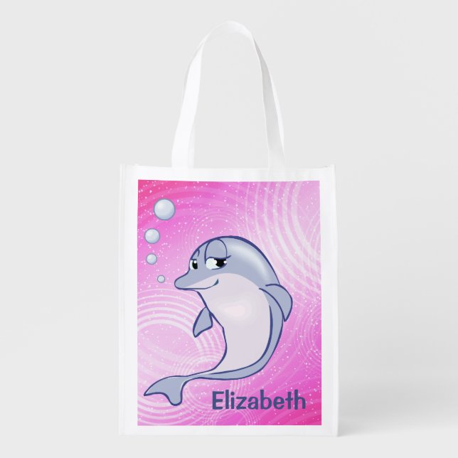Cute Blue Dolphin To Personalize Reusable Grocery Bag (Front)