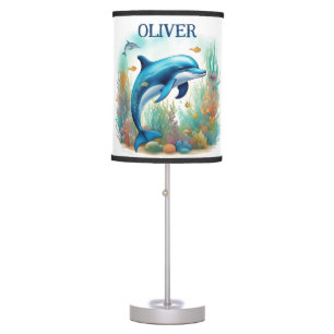 Cute Blue Dolphin Watercolor Personalized Table Lamp