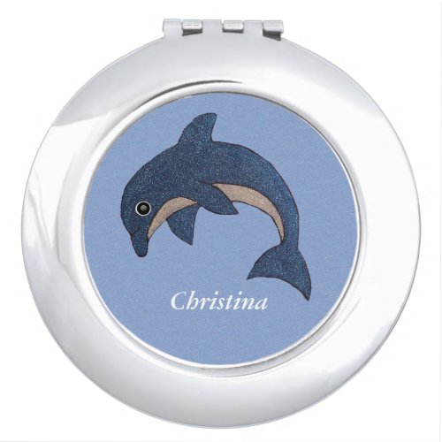 Cute Blue Dolphin With Bright Sparkle Look Dots Mirror For Makeup