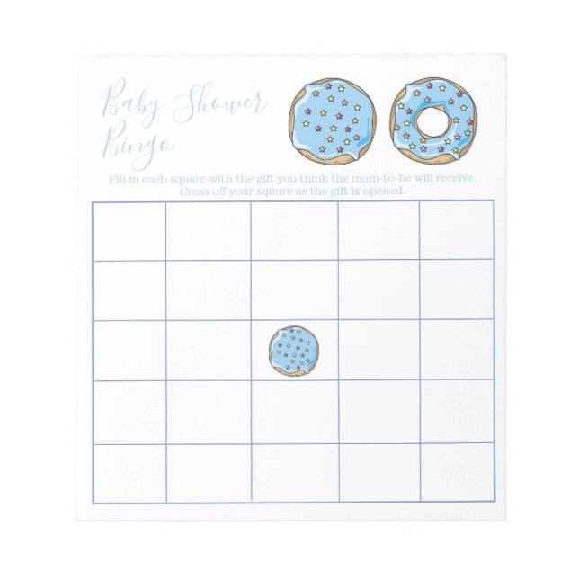 Cute Blue Donut Baby Shower Bingo Game Notepad (Front)