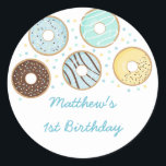 Cute Blue Donut Birthday Classic Round Sticker<br><div class="desc">These adorable birthday stickers feature our hand drawn donuts in pastel colors with sprinkle confetti.</div>