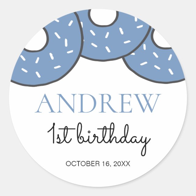 Cute Blue Donut Boy First 1st Birthday Classic Round Sticker (Front)