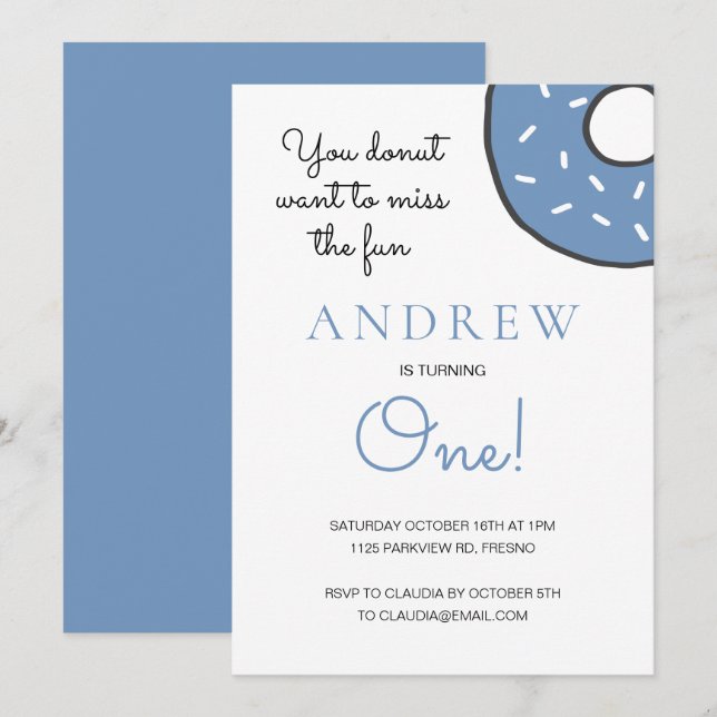 Cute Blue Donut Boy Turning One First Birthday Invitation (Front/Back)