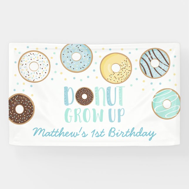 Cute Blue Donut Grow Up Birthday Banner (Horizontal)