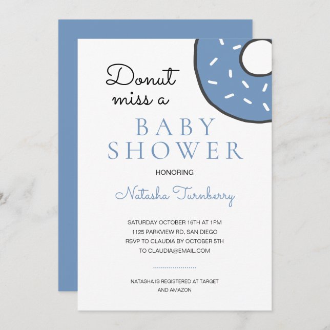Cute Blue Donut Miss A Baby Shower Invitation (Front/Back)
