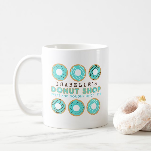 Cute Blue Donut Shop Coffee Mug (With Donut)