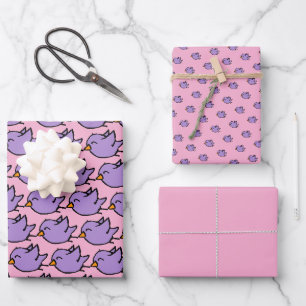 Cute Blue Doodle Birds Pink and Raspberry Rose Wrapping Paper Sheets