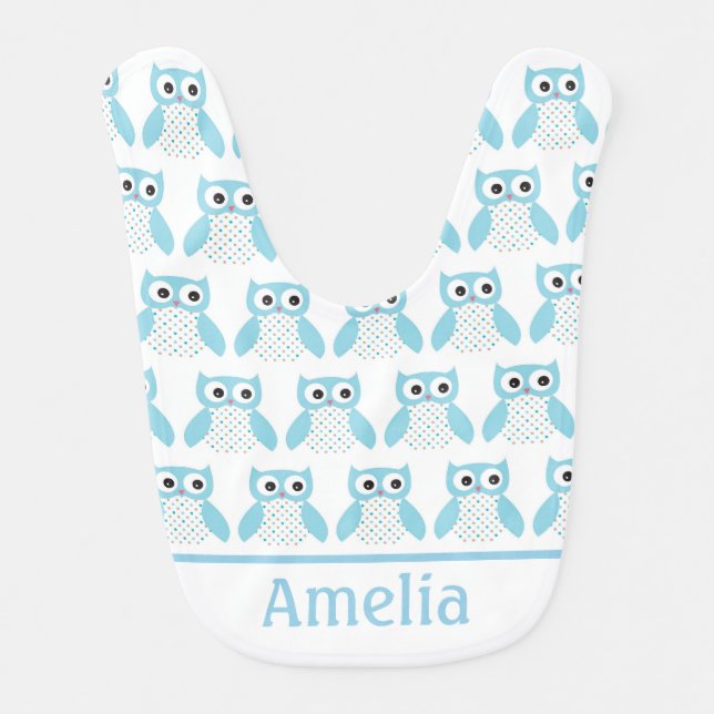 Cute Blue Dotty Owl Pattern Personalised Baby Bib (Front)