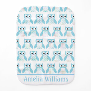 Cute Blue Dotty Owl Pattern Personalised Baby Burp Cloth