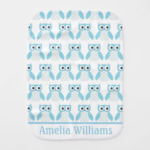 Cute Blue Dotty Owl Pattern Personalised Baby Burp Cloth