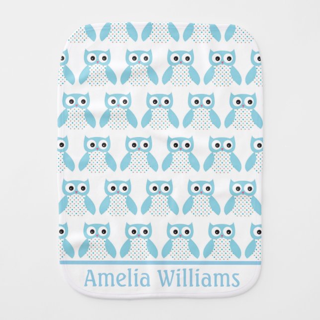 Cute Blue Dotty Owl Pattern Personalised Baby Burp Cloth (Front)