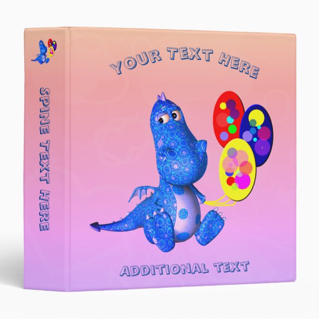 Cute Blue Dragon And Balloons Personalized 3 Ring Binder (Front/Spine)