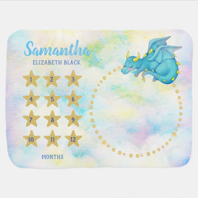 Cute Blue Dragon Baby Milestone Blanket (Horizontal)