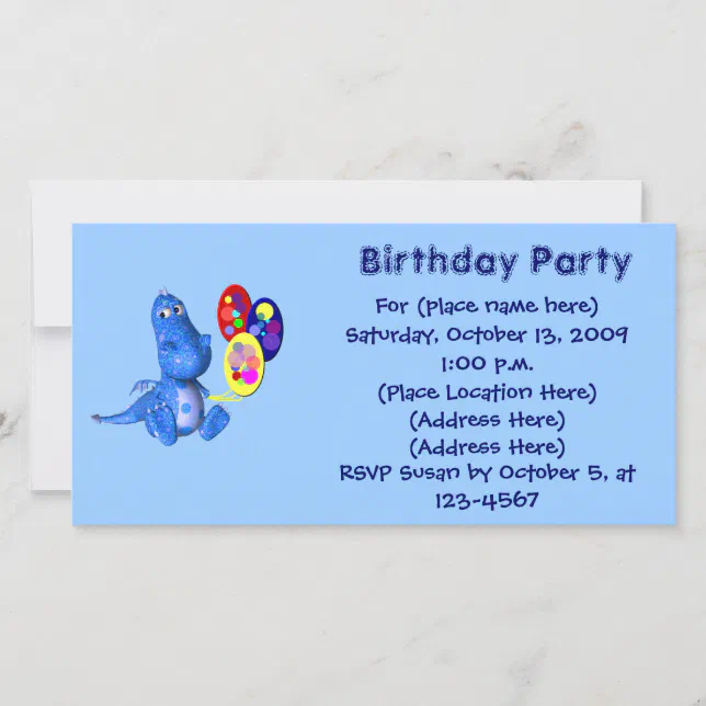 Cute Blue Dragon Balloons Birthday Invitation Zazzle