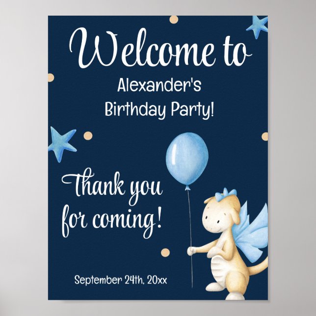 Cute Blue Dragon Birthday Welcome Poster (Front)