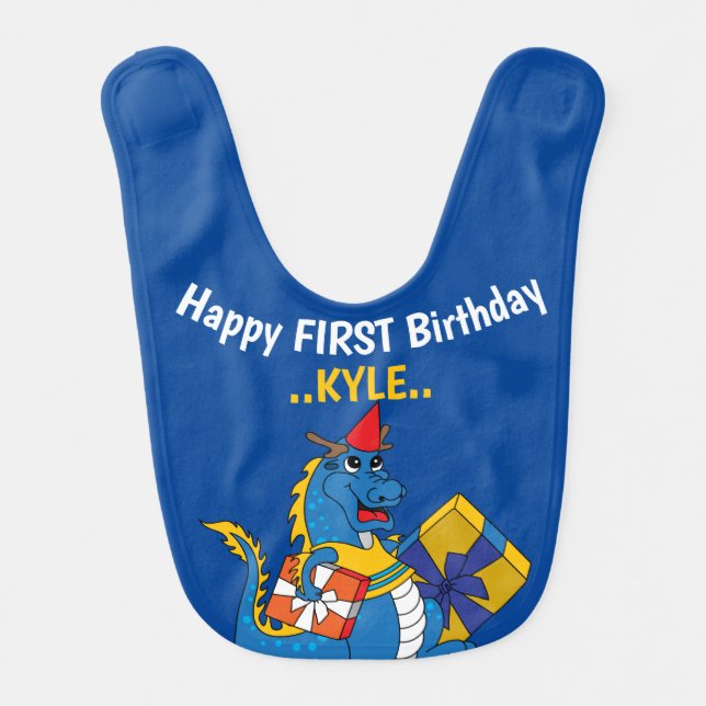 Cute Blue Dragon First Birthday baby bib (Front)