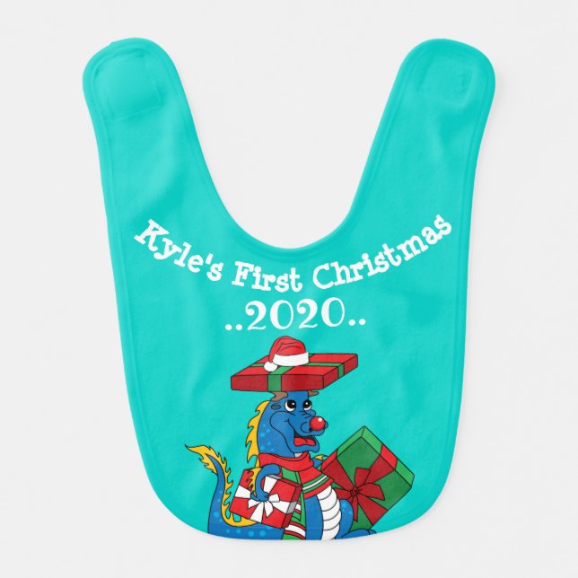Cute Blue Dragon First Christmas baby bib (Front)