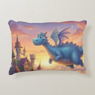 Cute Blue Dragon Flying Over Castle Accent Pillow
