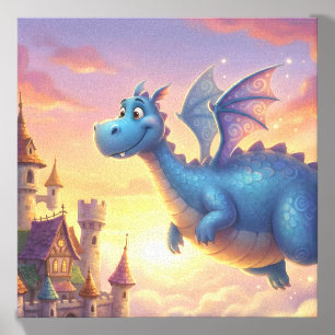 Cute Blue Dragon Flying Over Castle Canvas Art Canvas Photo Tile
