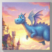 Cute Blue Dragon Flying Over Castle Canvas Art