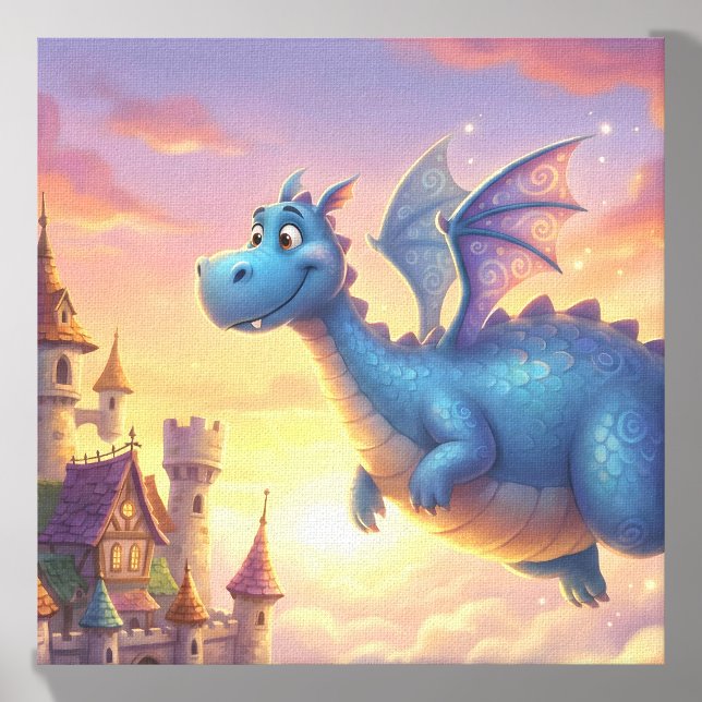 Cute Blue Dragon Flying Over Castle Canvas Art Photo Tile (Front Set)