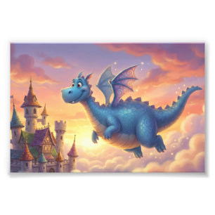 Cute Blue Dragon Flying Over Castle  Photo Print
