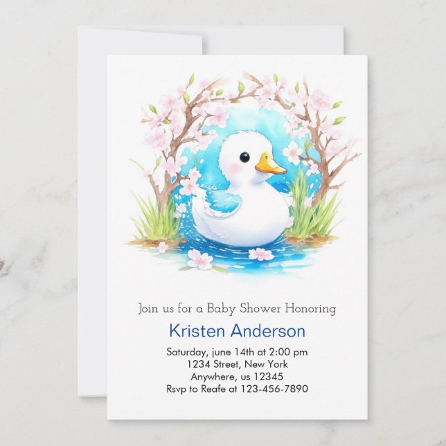 Cute Blue Duck Wildflower Boy Baby Shower Invitation (Front)