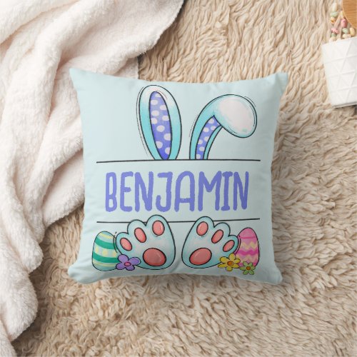 Cute Blue Easter Bunny Personalized Throw Pillow