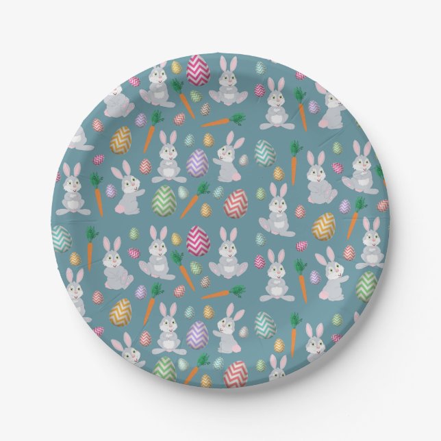 Cute Blue Easter Bunny Rabbit Pattern Paper Plates (Front)