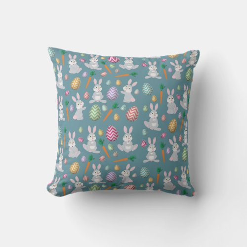 Cute Blue Easter Bunny Rabbit Pattern Throw Pillow