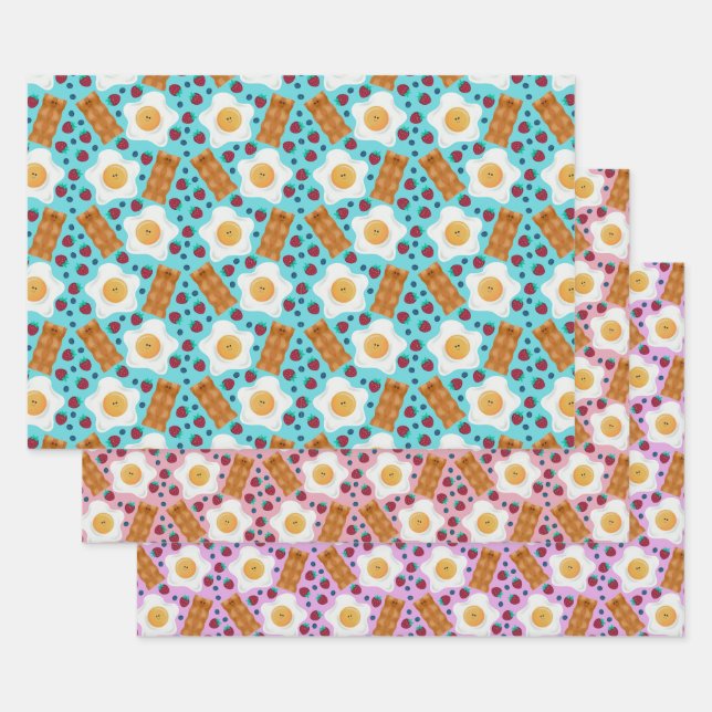 Cute Blue Eggs Bacon Strawberries Blueberries  Wrapping Paper Sheets (Set)