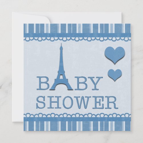 Cute Blue Eiffel Tower and Hearts Baby Shower Personalized Invitations