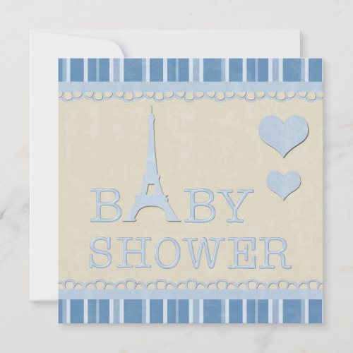 Cute Blue Eiffel Tower and Hearts Baby Shower Invitation
