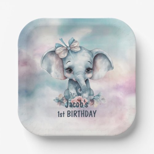 Cute Blue Elephant 1st Birthday Paper Plates
